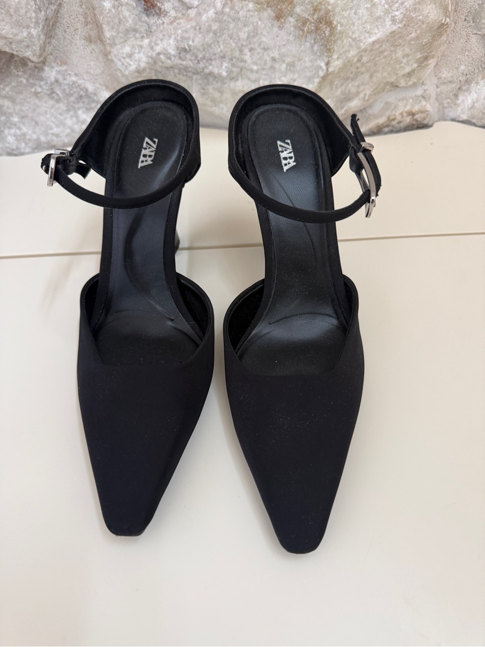 Zara Black Pointed Ankle-Strap Heels